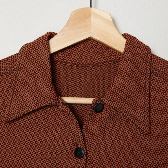 Vtg 70s Rust Geometric Print Knit Top S - Picture 5 of 9